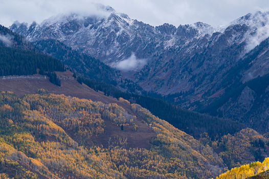 Fall Foliage on Golden Peak with Gore Range in Vail Colorado